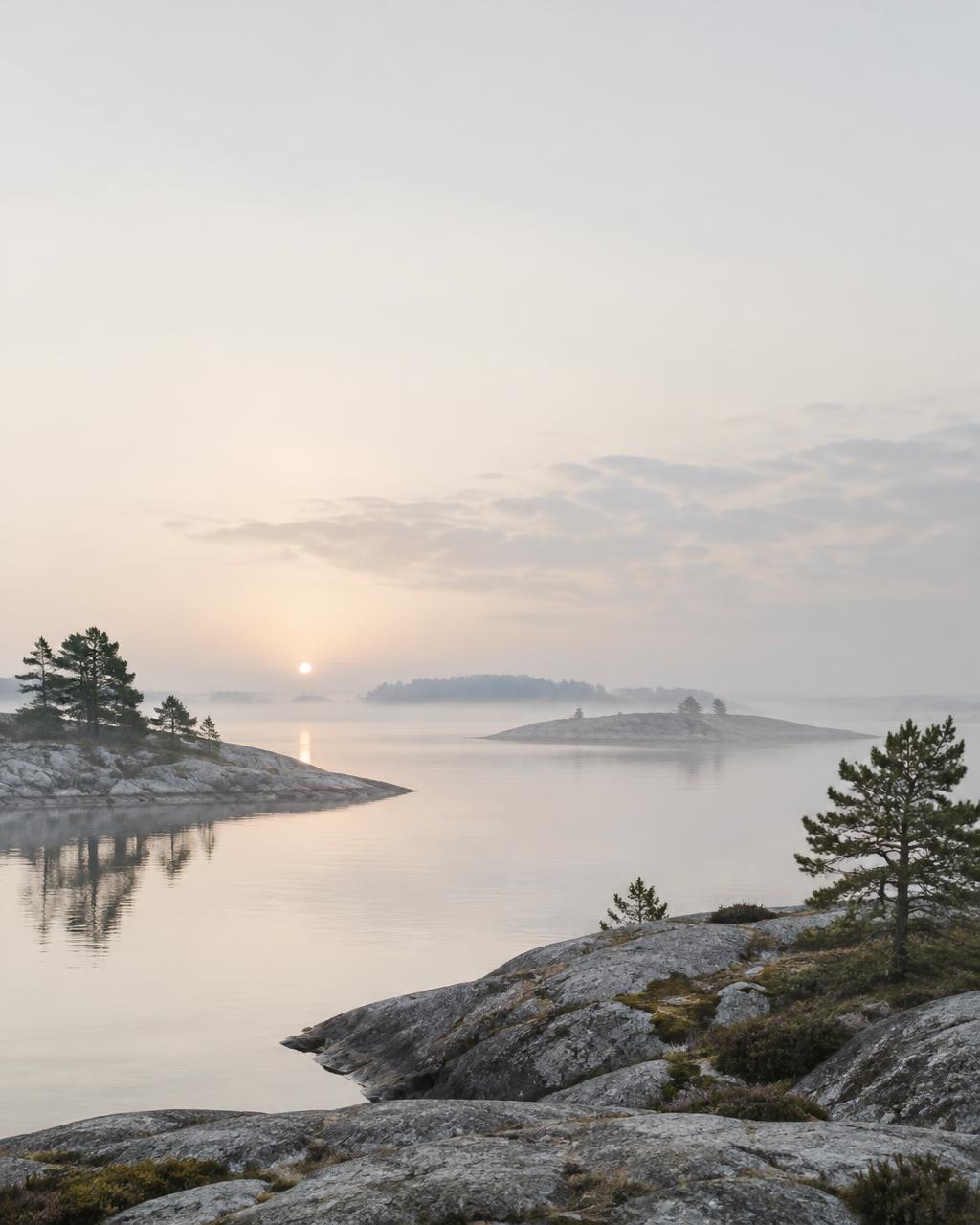 Calm Stockholm archipelago at dawn, still water and pine trees